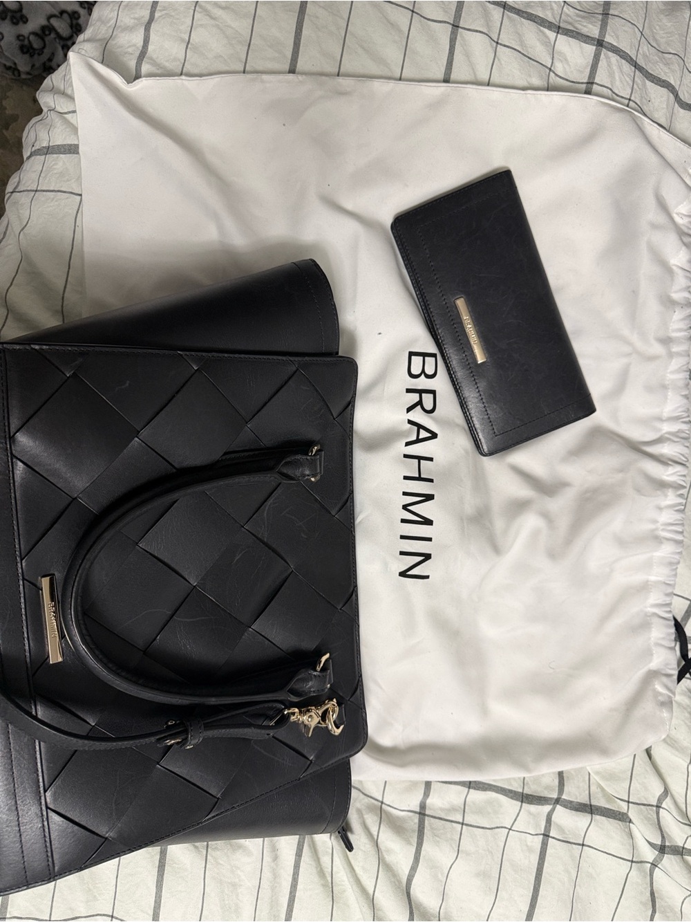 Brahmin Black Woven Leather Tote with Matching Wallet
